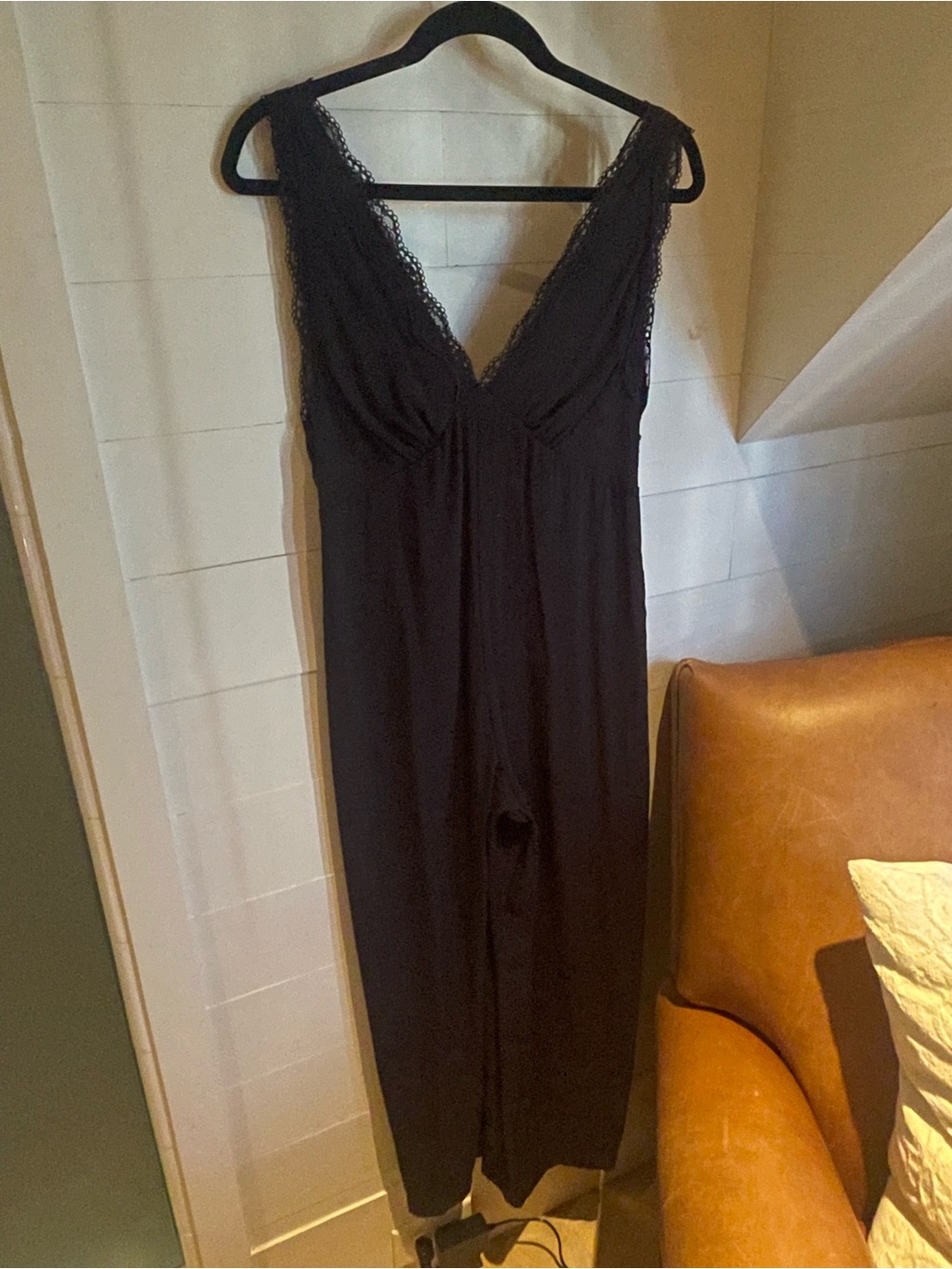 Mango Black Lace-Trim V-Neck Jumpsuit